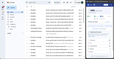 UpInbox scan results showing 200 emails sorted in 40 minutes